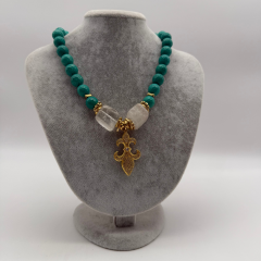 Doğal Taş Yeşil Gold Detaylı Kadın Kolye - 45 cm