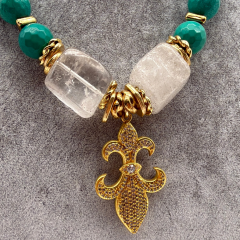 Doğal Taş Yeşil Gold Detaylı Kadın Kolye - 45 cm