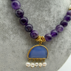 Doğal Taş Beyaz Mor Altın Sarı Kadın Kolye