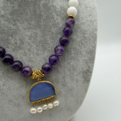 Doğal Taş Beyaz Mor Altın Sarı Kadın Kolye