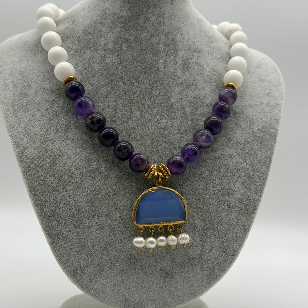 Doğal Taş Beyaz Mor Altın Sarı Kadın Kolye