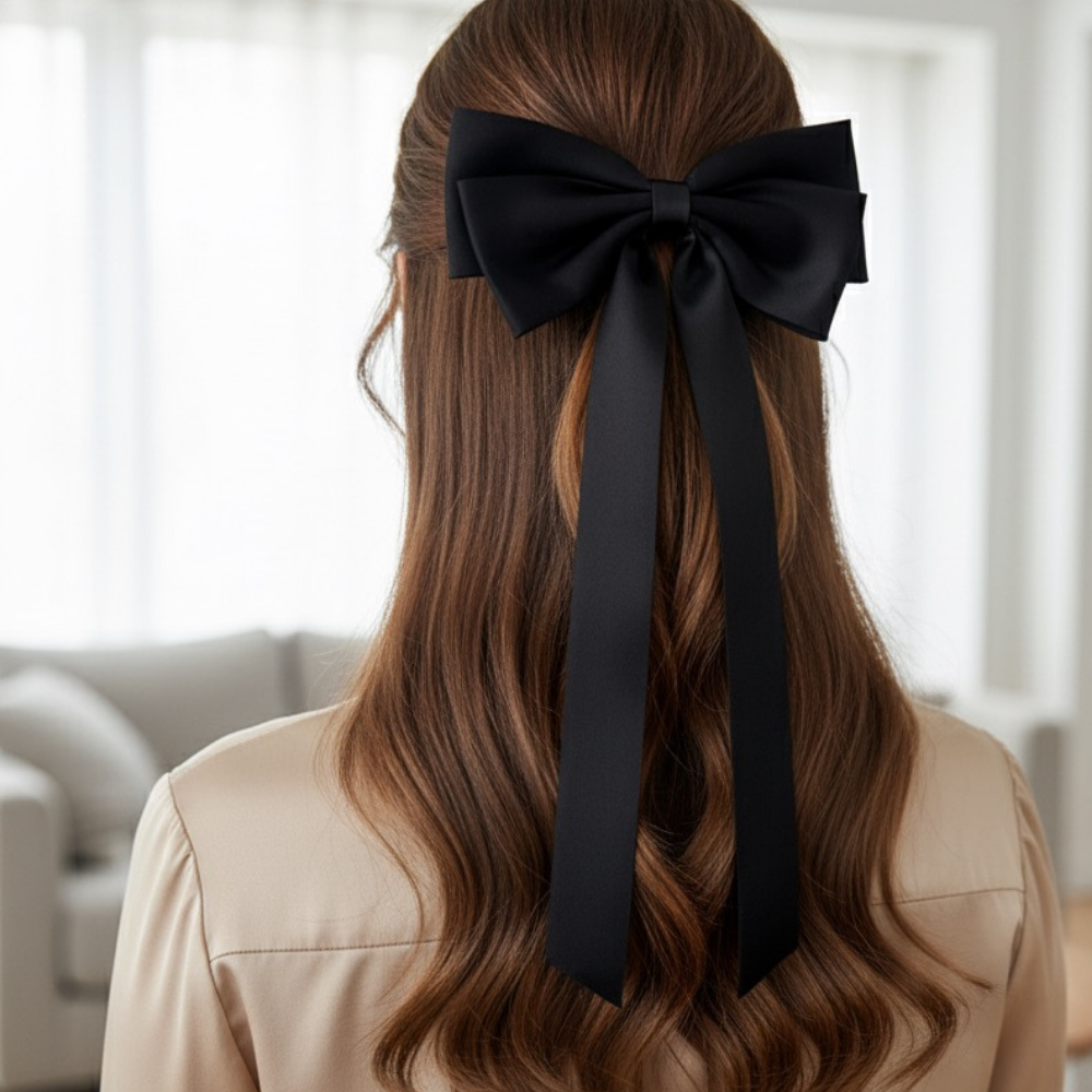 Kadın Siyah Parlak Fiyonk Kurdela Uzun Toka