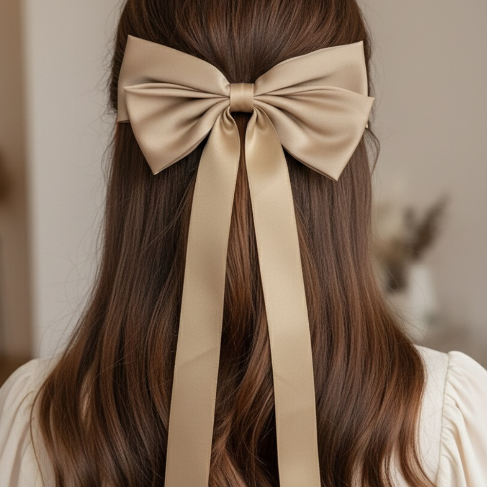 Kadın Krem Renk Parlak Fiyonk Kurdela Uzun Toka