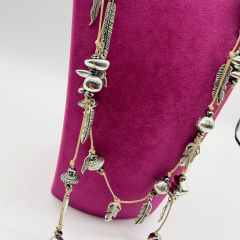 Uzun Yaprak Detaylı Gümüş Rengi Kadın Kolye 90 CM