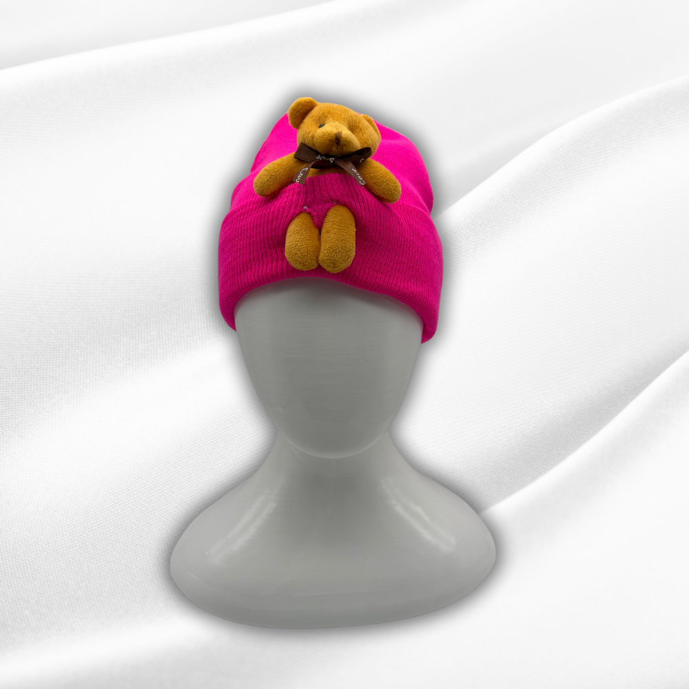 Bere - Kışlık Fitilli Ayıcıklı Çocuk Şapka (Koyu Pembe)