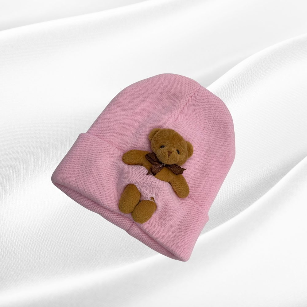 Bere - Kışlık Fitilli Ayıcıklı Çocuk Şapka (Açık Pembe)