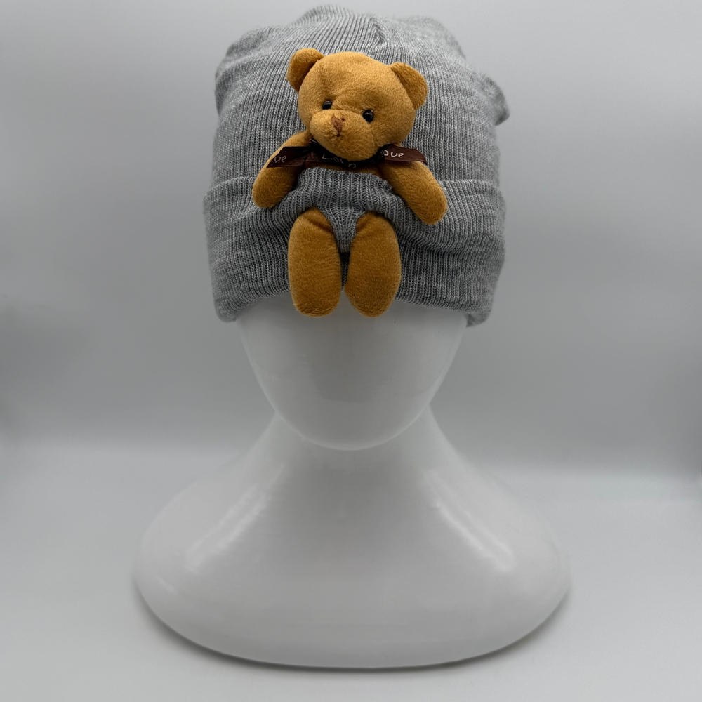 Bere - Kışlık Fitilli Ayıcıklı Çocuk Şapka (Açık Gri)