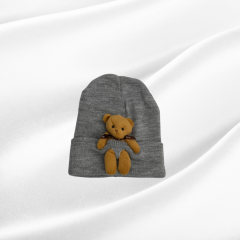 Bere - Kışlık Fitilli Ayıcıklı Çocuk Şapka (Açık Gri)