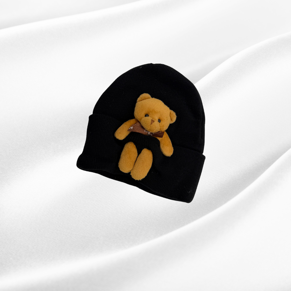 Bere - Kışlık Fitilli Ayıcıklı Çocuk Şapka (Siyah)