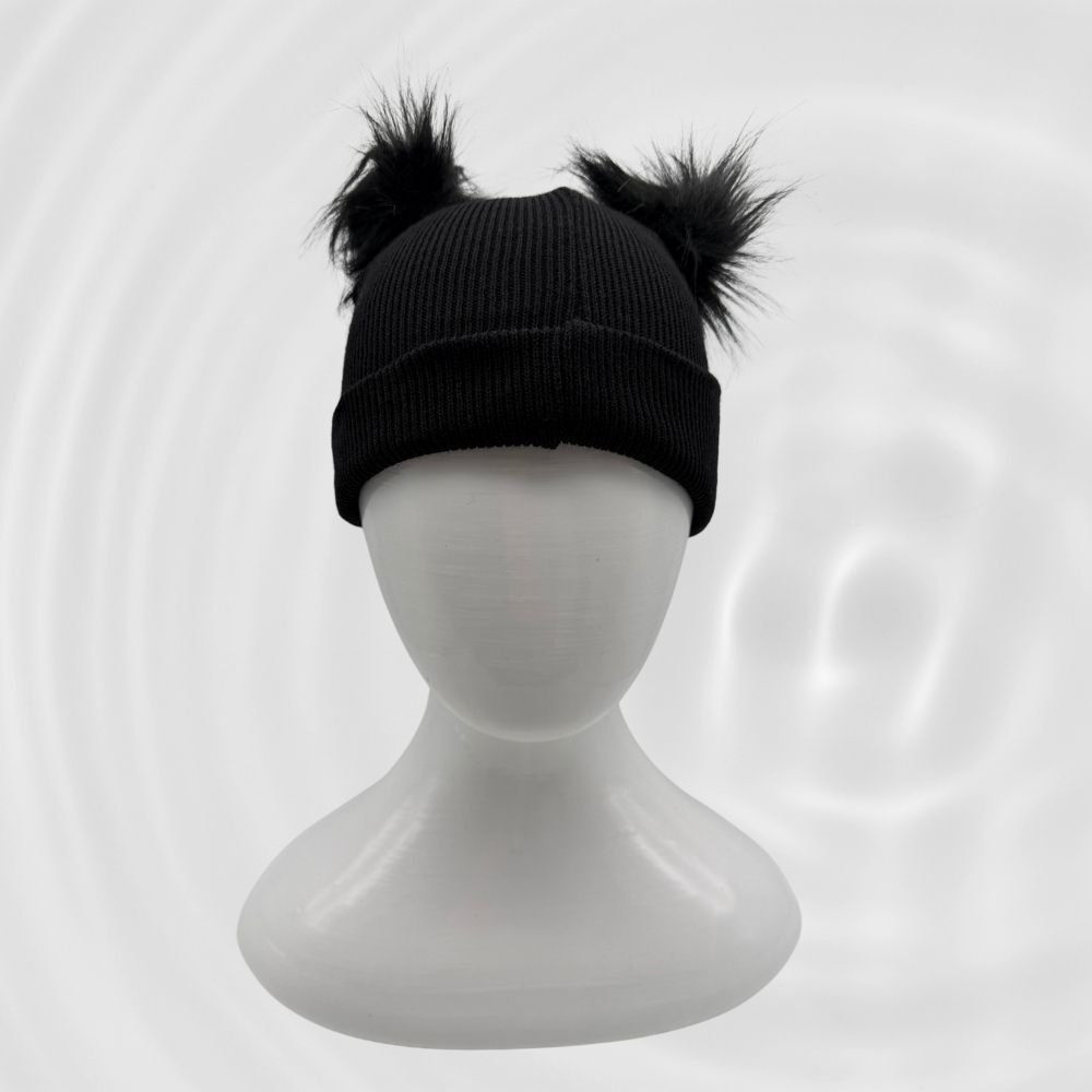 Tüylü Ponponlu Siyah Bere