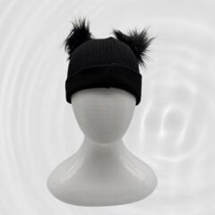 Tüylü Ponponlu Siyah Bere