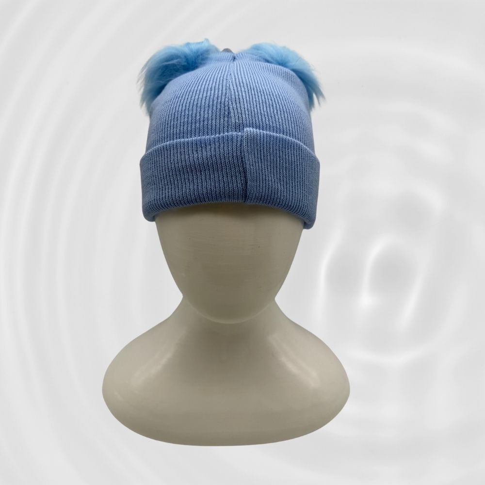 Tüylü Ponponlu Açık Mavi Bere