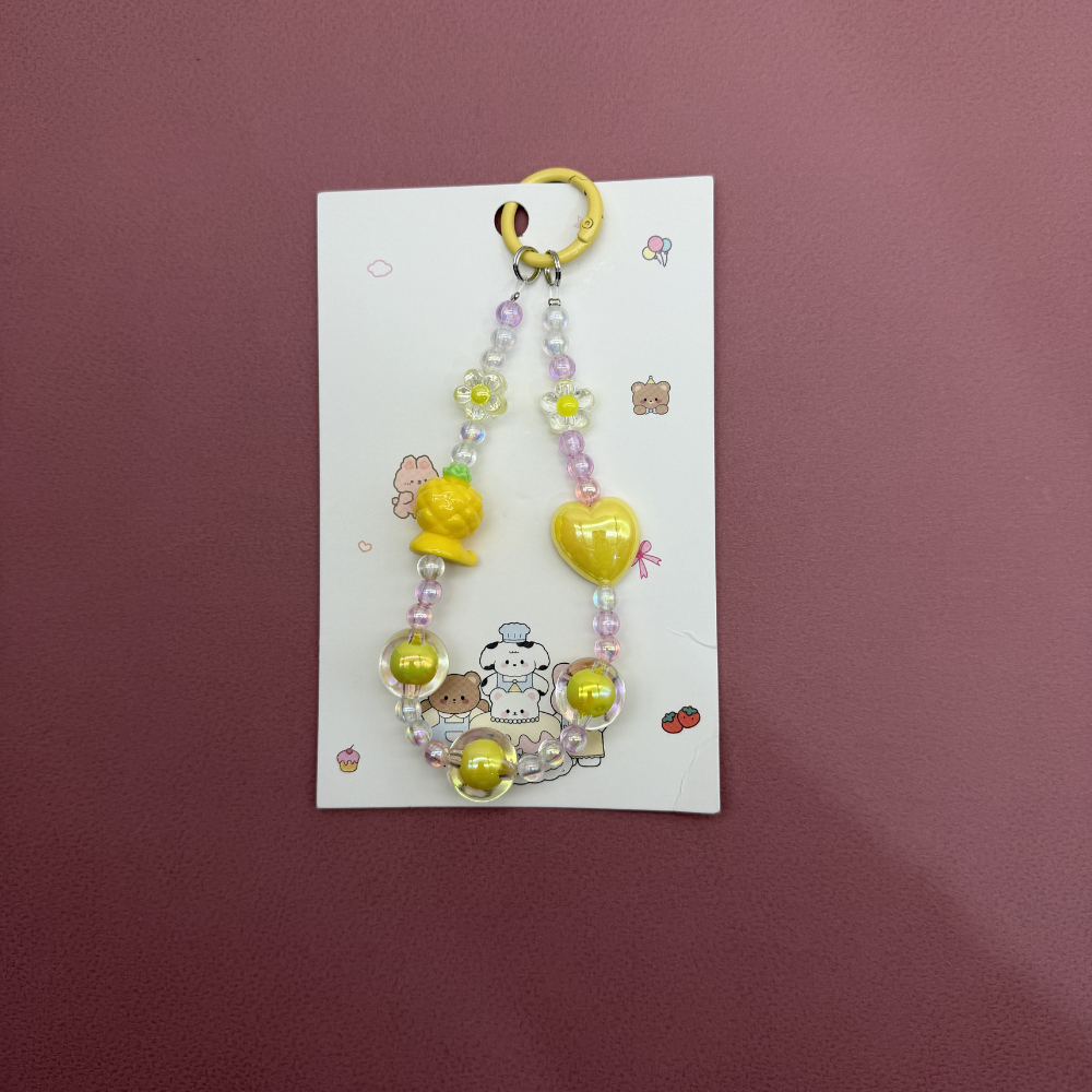 Sarı Kalp ve Çiçek Detaylı Şeffaf Kartlıklı Anahtarlık