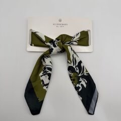 Haki Yeşil - Siyah Desenli İpek Saten Fular 70x70