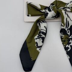 Haki Yeşil - Siyah Desenli İpek Saten Fular 70x70