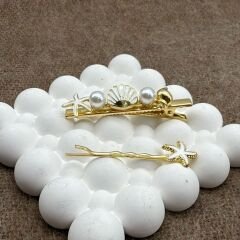 İkili Deniz Kabuğu Beyaz - Gold Toka