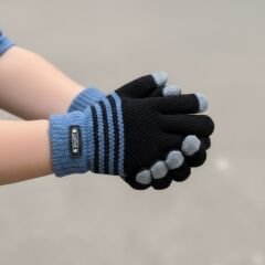 Örgü Mavi - Siyah Çocuk Eldiven (9-12 Yaş)