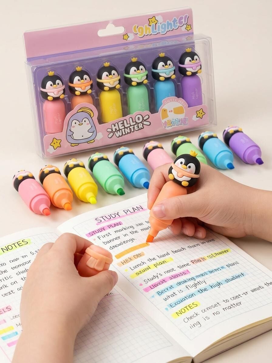 PENGUEN Figürlü 6'lı Mini Fosforlu Not Kalemi