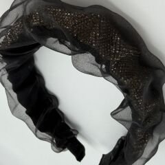 Taş Detaylı Siyah Tül Fransız Taç