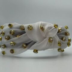 Gold Detaylı Taş Desenli Beyaz Taç