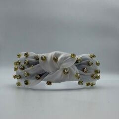 Gold Detaylı Taş Desenli Beyaz Taç