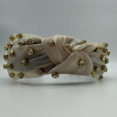 Gold Detaylı Taş Desenli Krem Taç