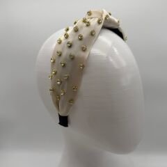 Gold Detaylı Taş Desenli Krem Taç