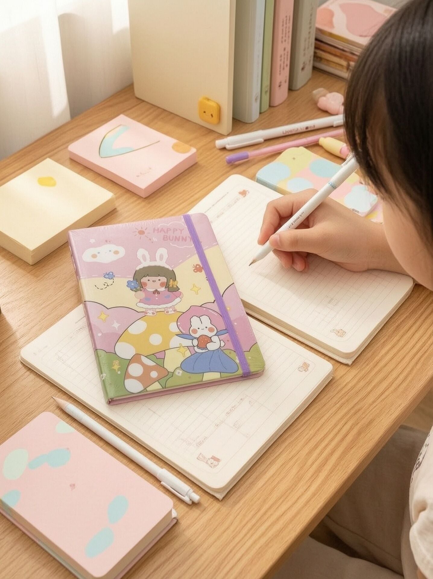Çocuk ve Tavşan Figürlü Pembe Renkli En 14,5 cm Boy 21 cm Çizgili Defteri