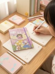 Çocuk ve Tavşan Figürlü Pembe Renkli En 14,5 cm Boy 21 cm Çizgili Defteri