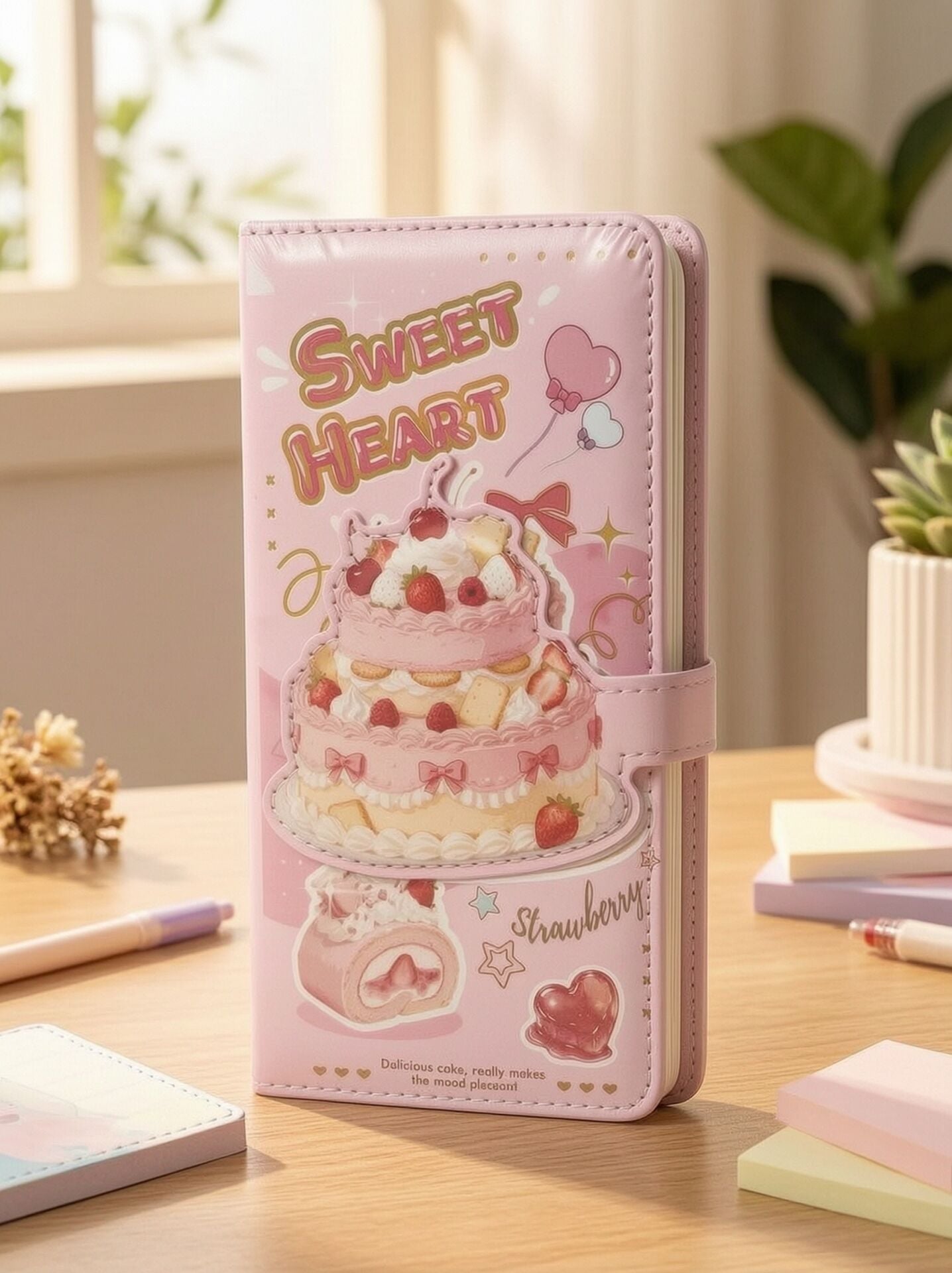 Pasta Figürlü Kabartmalı Pembe Renkli Mıknatıs Kapaklı En 9 cm Boy 18 cm Çizgili Defteri