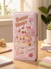 Pasta Figürlü Kabartmalı Pembe Renkli Mıknatıs Kapaklı En 9 cm Boy 18 cm Çizgili Defteri