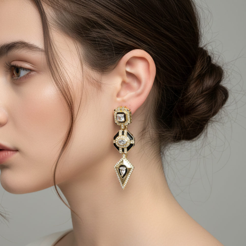 Siyah Mine Detaylı Taşlı Geometrik Sallantılı Küpe