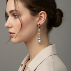 Siyah Mine Detaylı Uzun Taşlı Gold Sallantılı Küpe