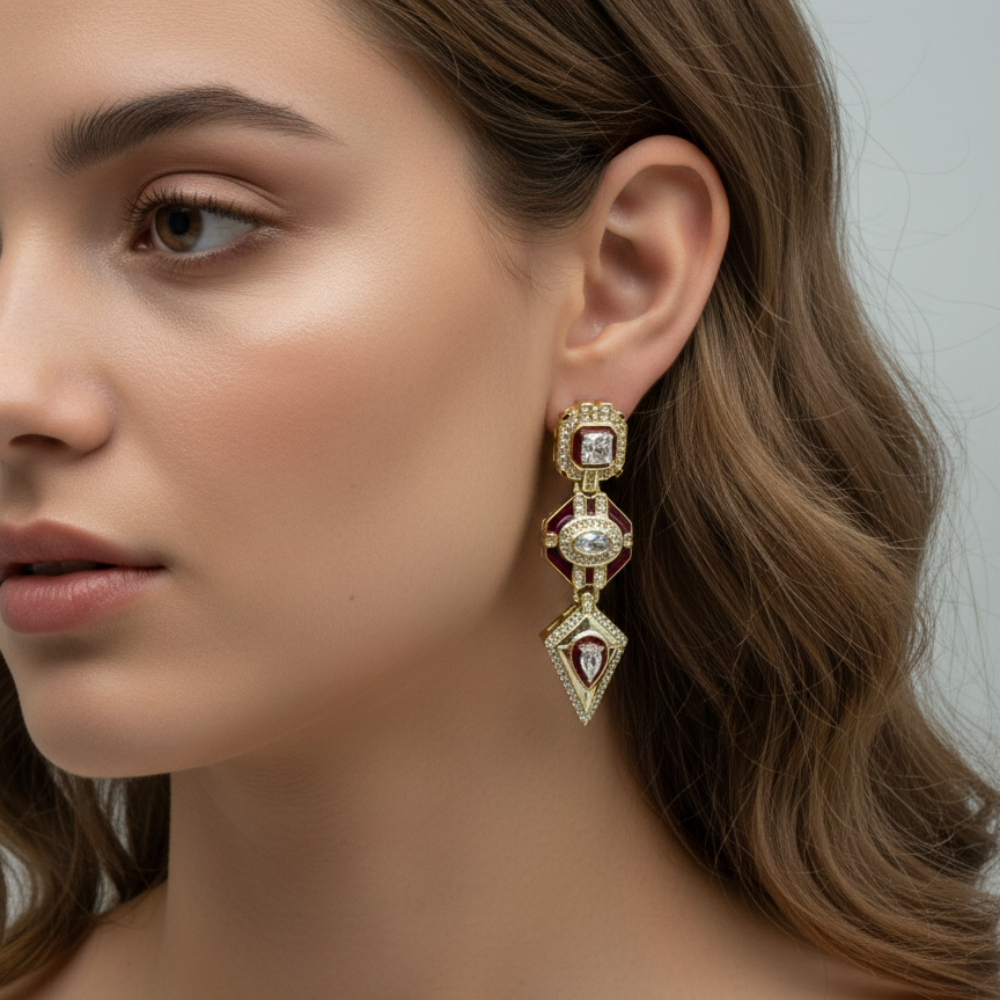 Bordo Taşlı Uzun Geometrik Gold Sallantılı Statement Küpe