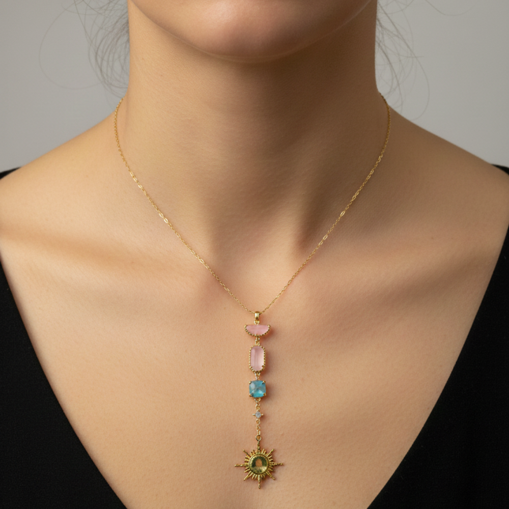 Renkli Taşlı Güneş Charm Uzun Gold Kolye