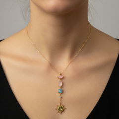 Renkli Taşlı Güneş Charm Uzun Gold Kolye