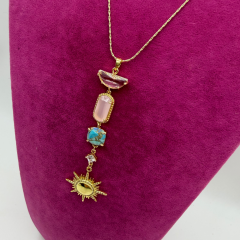 Renkli Taşlı Güneş Charm Uzun Gold Kolye