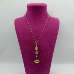 Renkli Taşlı Güneş Charm Uzun Gold Kolye