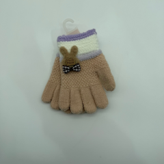 Çocuk Bej Triko Fiyonk ve Ayıcık Detaylı Eldiven – Lila Çizgili (3–6 Yaş)