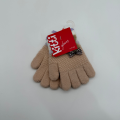 Çocuk Bej Triko Fiyonk ve Ayıcık Detaylı Eldiven – Lila Çizgili (3–6 Yaş)