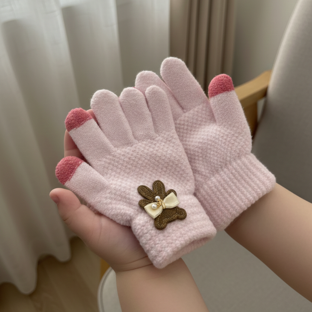 Çocuk Pudra Pembe Triko Tavşan Detaylı Eldiven – İki Renk Parmak Uçlu (9–12 Yaş)
