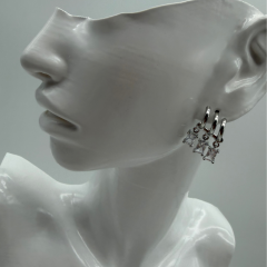 Stainless Steel Üçlü Baget Taş Detaylı Silver Halka Küpe