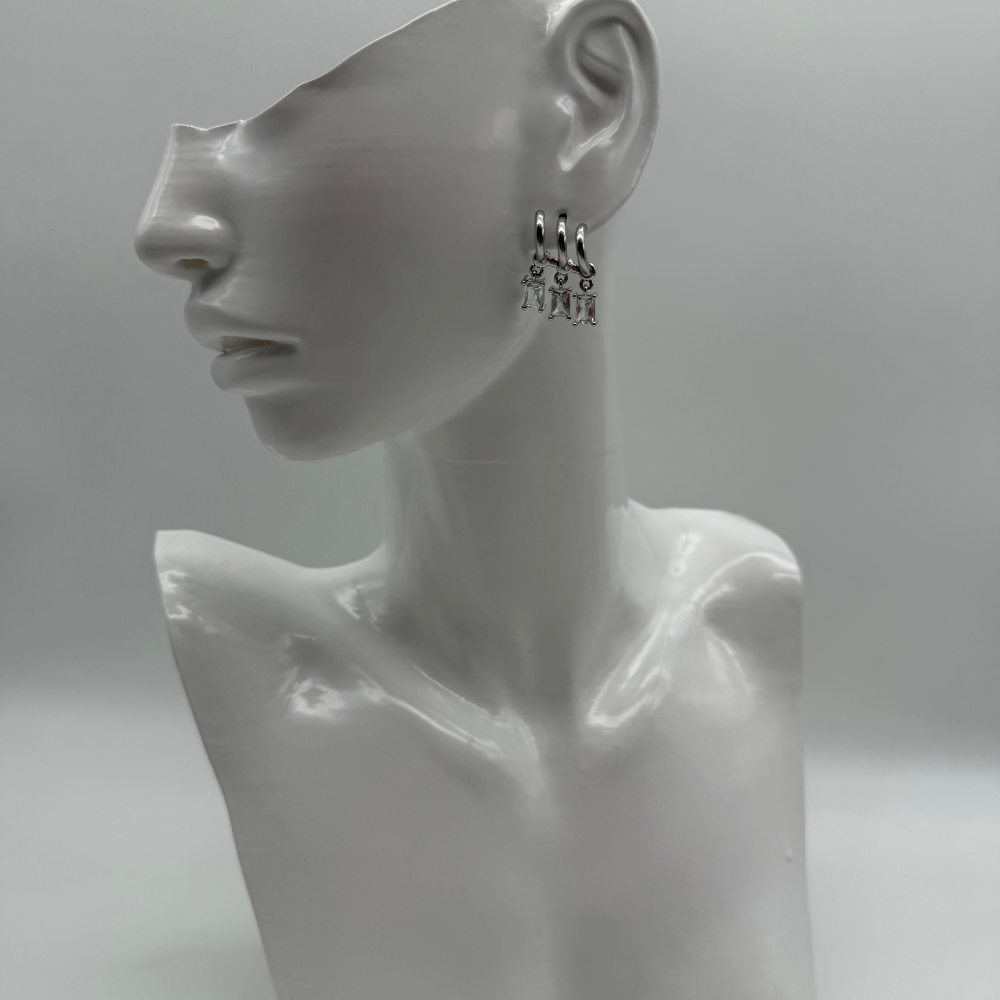 Stainless Steel Üçlü Baget Taş Detaylı Silver Halka Küpe