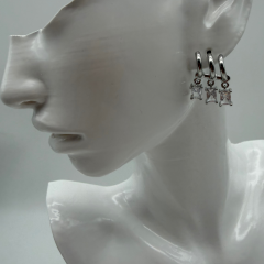 Stainless Steel Üçlü Baget Taş Detaylı Silver Halka Küpe