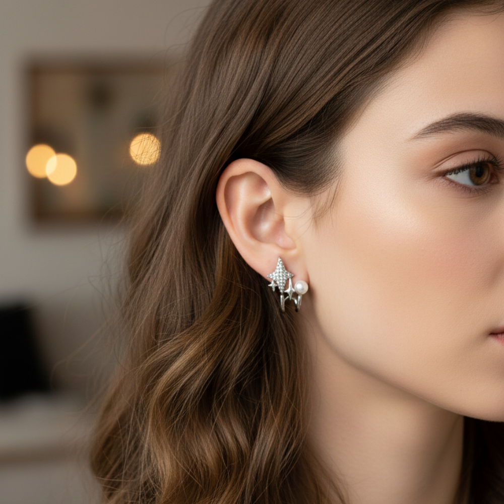 Stainless Steel Yıldız ve İnci Detaylı Silver Çoklu Görünümlü Küpe