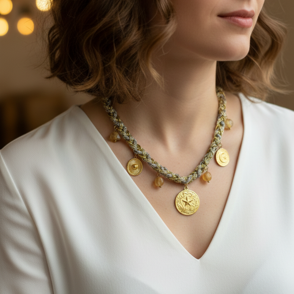 Gold Madalyon ve Boncuk Charm Detaylı Örgü Zincir Kolye – 60 cm