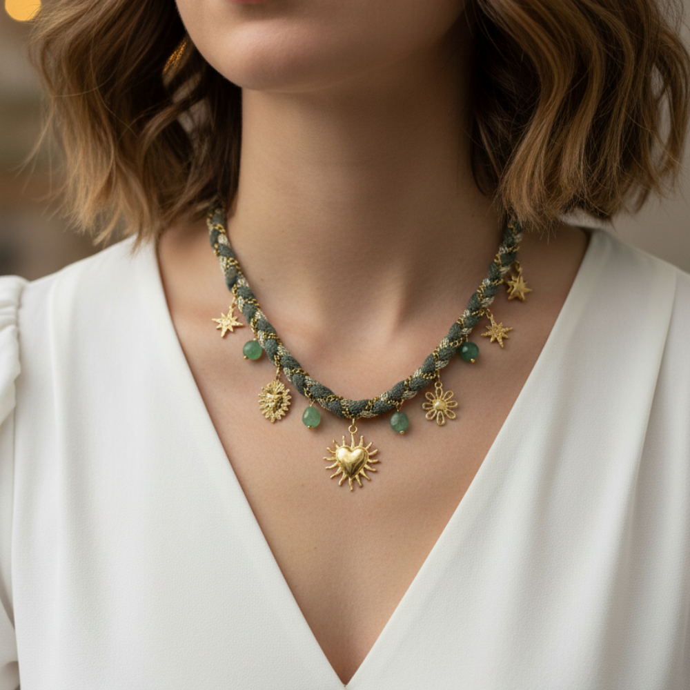 Gold Güneş ve Yıldız Charm Detaylı Yeşil Örgü Zincir Kolye – 60 cm