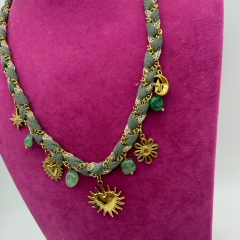 Gold Güneş ve Yıldız Charm Detaylı Yeşil Örgü Zincir Kolye – 60 cm