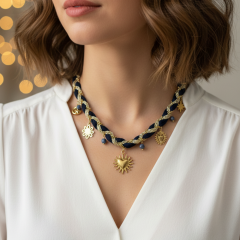 Gold Güneş ve Yıldız Charm Detaylı Lacivert Örgü Zincir Kolye – 60 cm