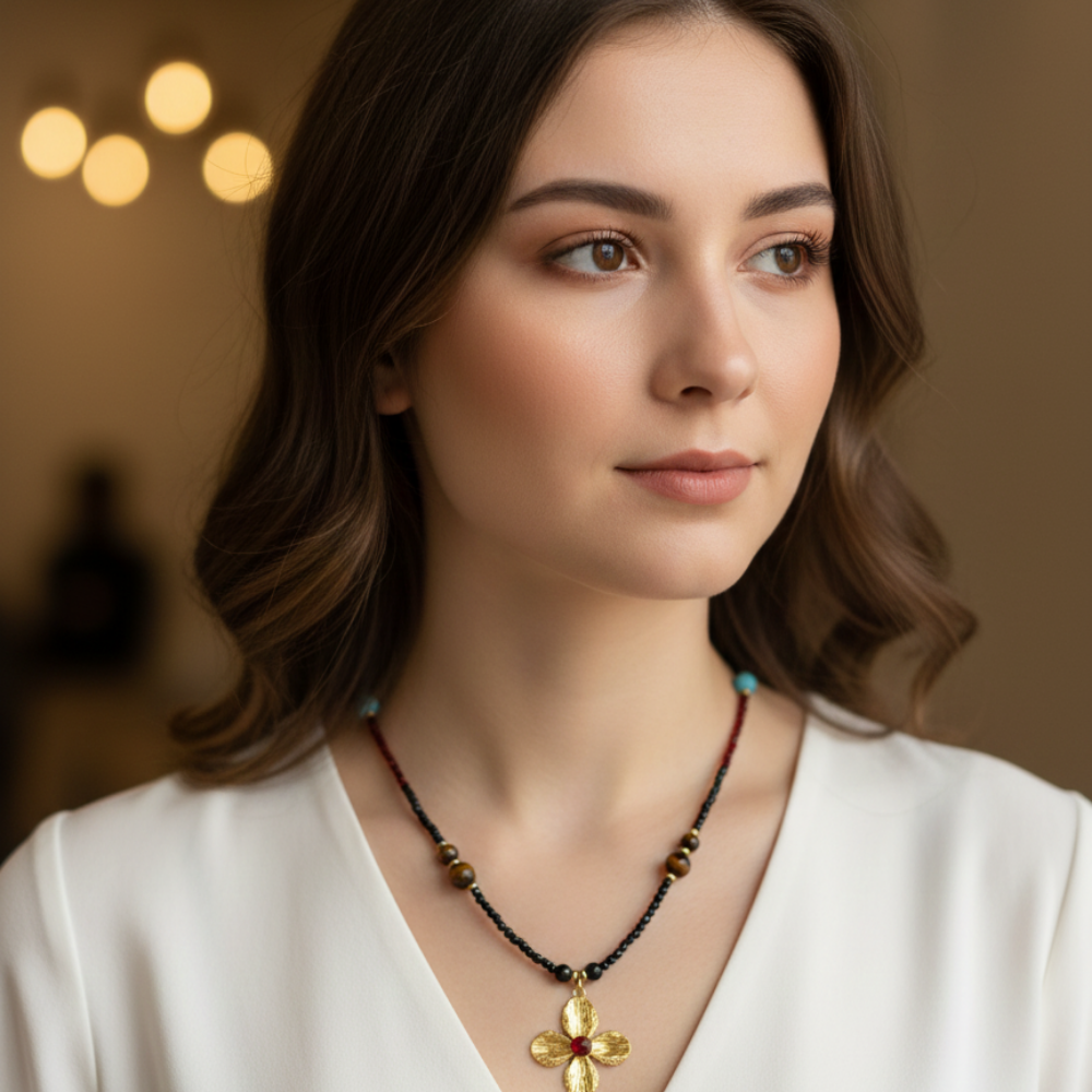 Doğal Taş Detaylı Gold Çiçek Uçlu Kolye – 90 cm